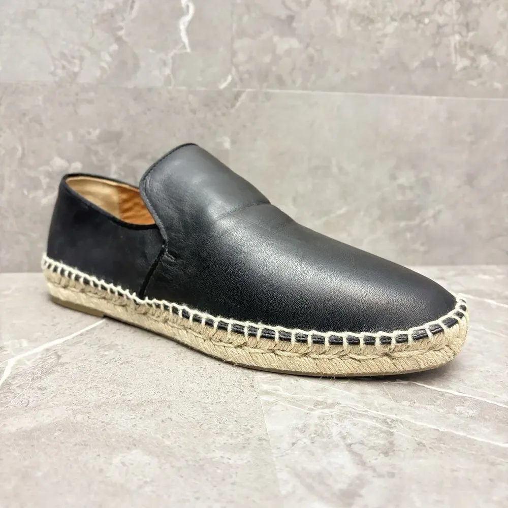 Aquatalia Espadrille Haddie Black Leather Braided Rope Sole Slip On Loafer 7M